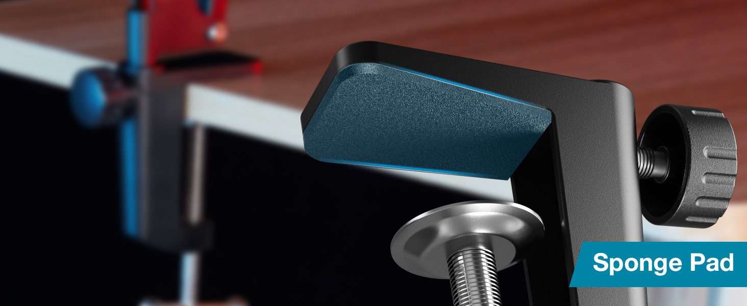 The clamp can clip to any desk up to 2" thick and the sponge pad protects your desk from scratches.
