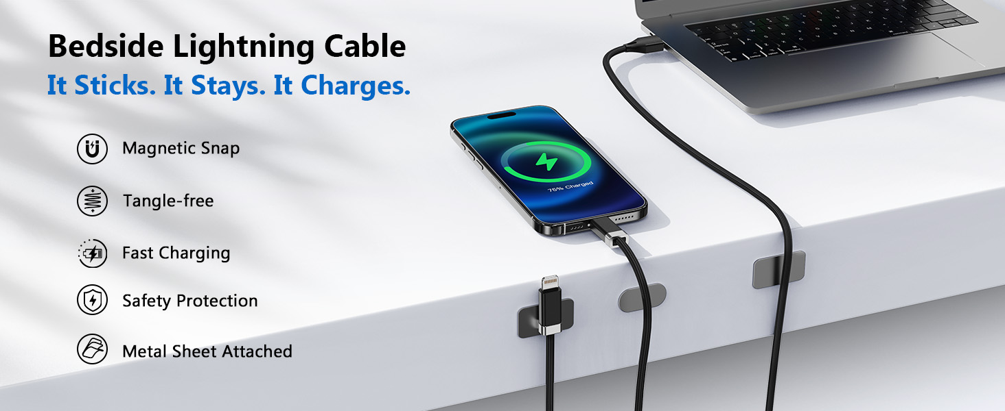 Bedside Lightning Cable-It Sticks. it Stays. It Charges.