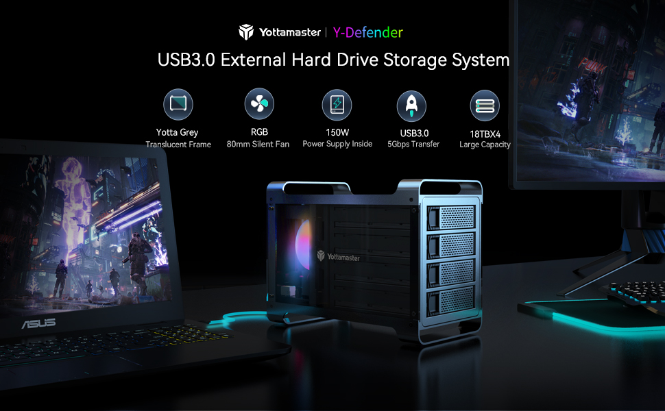 Yottamaster RGB 4 Bay Hard Drive Enclosure with RGB Fan for 2.5"/3.5" SATA HDD/SSDs - 4 X 18TB