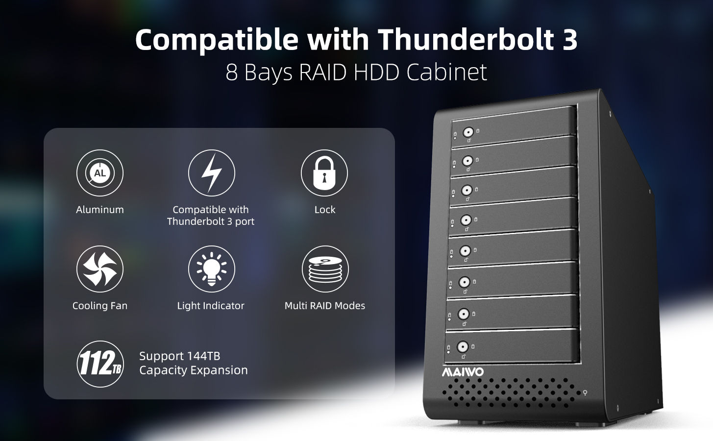 8 Bay Thunderbolt 3 Raid Enclosure for 2.5" 3.5" SATA SAS Hard Drive with Dual Thunderbolt 3 Ports