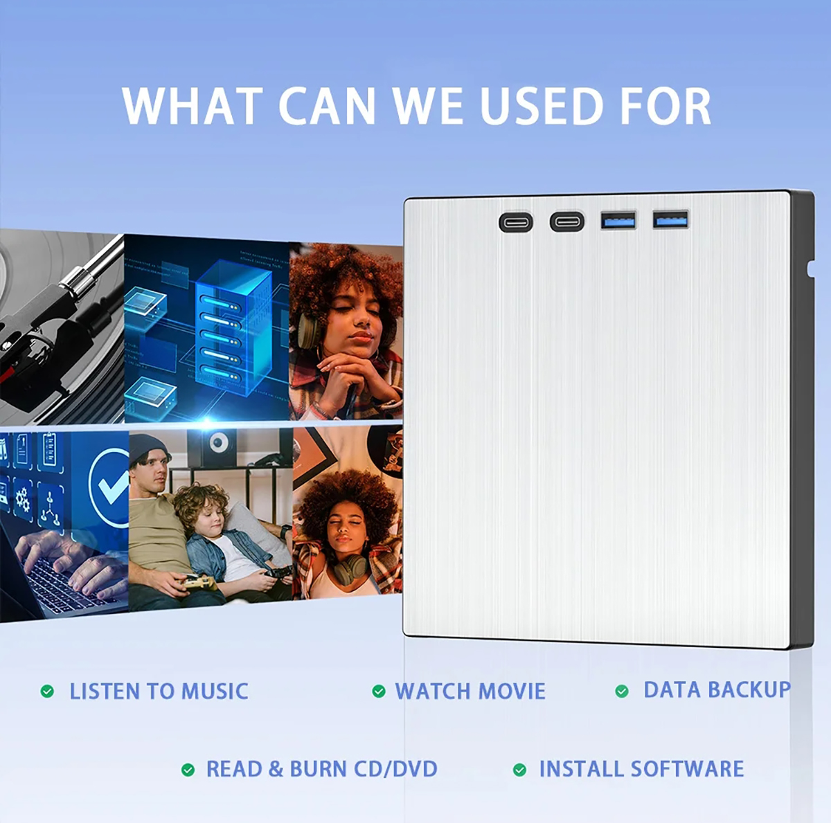 Plug and play, no driver and external power needed.It is powered by one USB cable and has an eject b