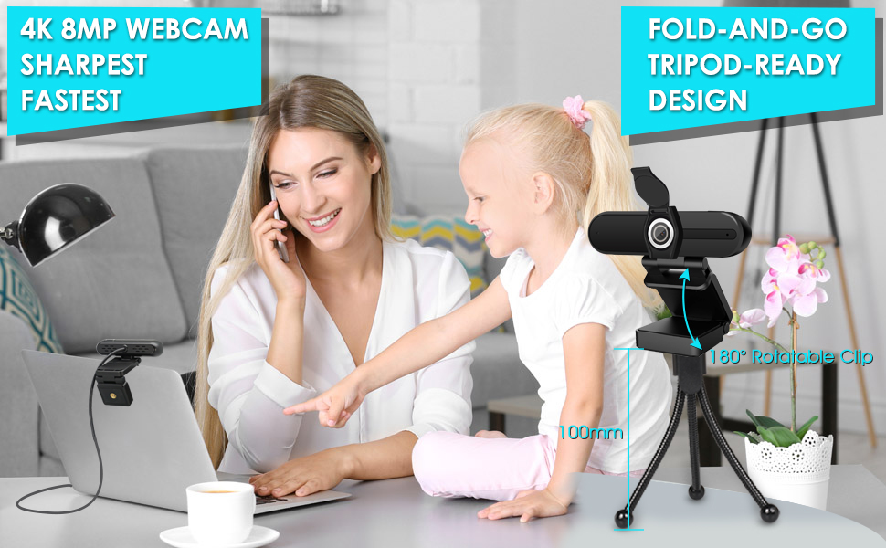 4K 8MP HD Webcam with Microphone, Tripod, Privacy Shutter