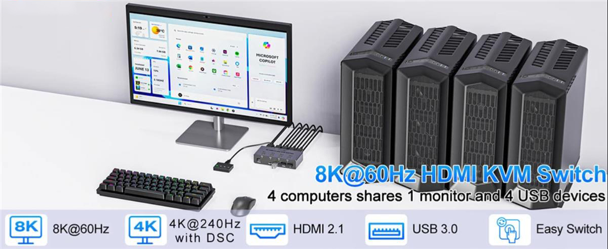 8K@60Hz 4K@240Hz HDMI USB KVM Switch allows you to share one USB keyboard, USB mouse, and one HDMI m