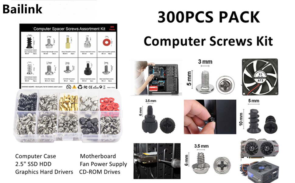 300 Pieces Screws Assortment Kit for Personal Computer Installation