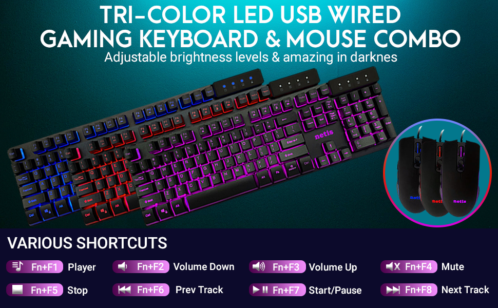 Netis KM7101 Tri-Color LED USB Wired Gaming Keyboard and 3200 DPI Gaming Mouse Combo