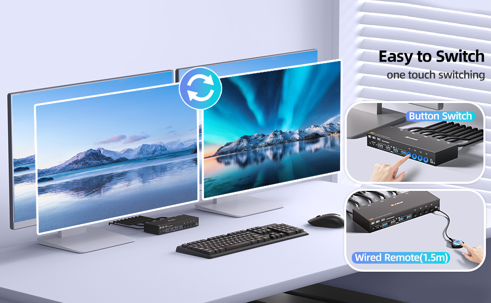 Dual monitor KVM switch with 4 USB 3.0 ports which can recognize keyboard,mouse,printer,scaner and o