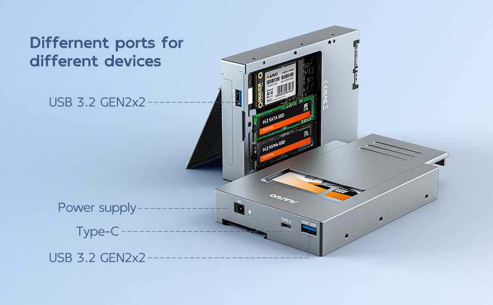 USB3.2 Gen2 Type-C Docking Station with 5 Hard Drive Enclosures for M.2 NVMe/M.2 SATA/mSATA/2.5 SATA