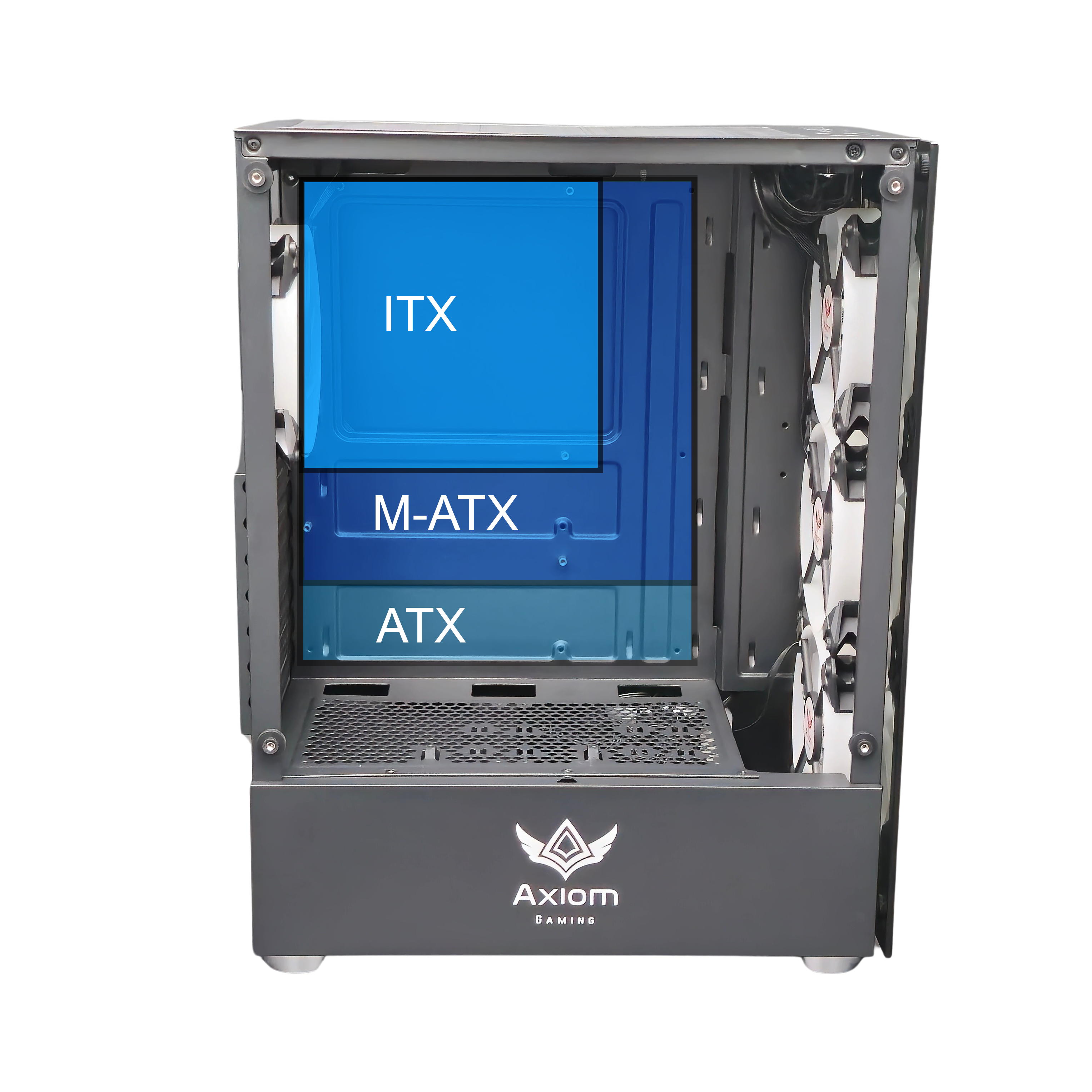 Axiom Gaming Black case showing motherboard support of ITX, M-ATX, and ATX