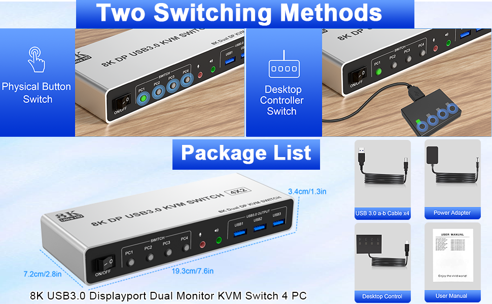 Push-button design allows for one-touch switching using a button on the KVM Switch box, eliminating