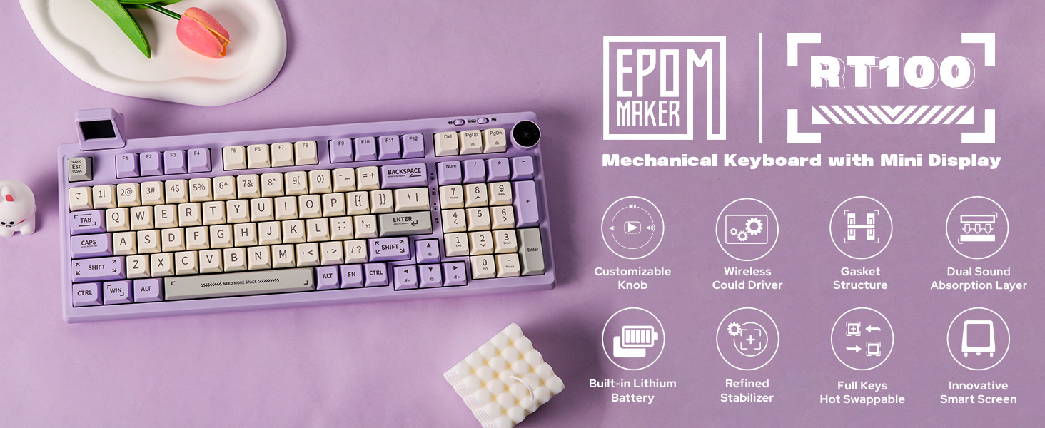 EPOMAKER RT100 97 Keys Gasket BT5.0/2.4G/USB-C Mechanical Keyboard with Customizable Display Screen, Knob, Hot Swappable Socket, 5000mAh Battery for Win/Mac(RT100 Purple, Shadow Black Switch) 1 RT100 gaming keyboard