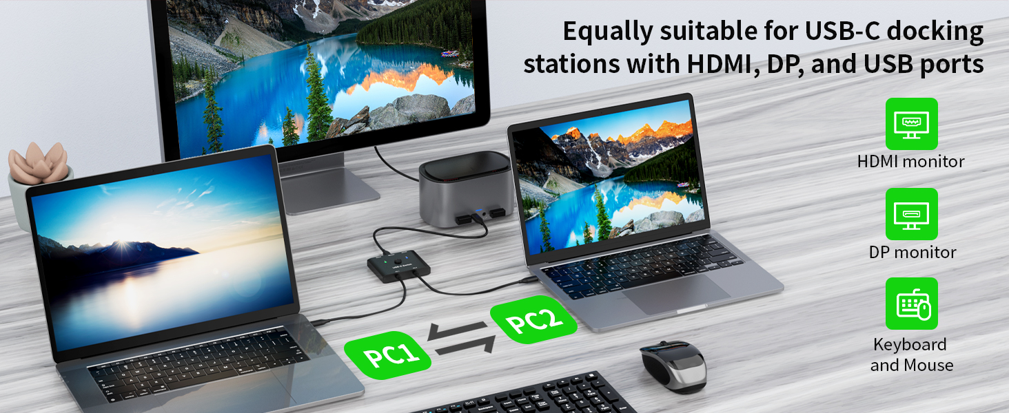 USB C Switch allows you to share 1 monitor between 2 laptops. Easily switch between two computers wi