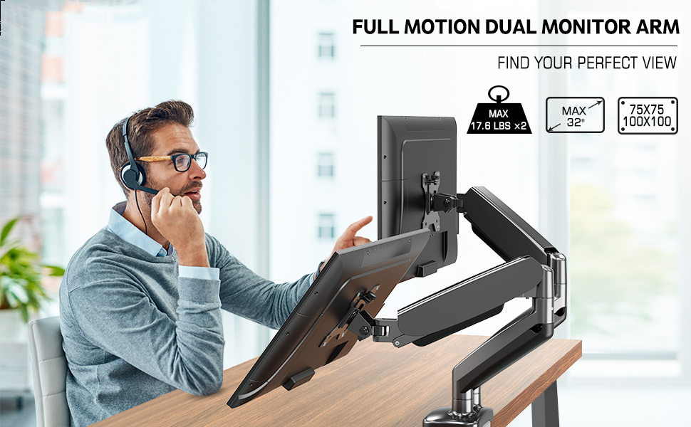 Dual Monitor Stand, Fully Adjustable Gas Spring Dual Monitor Mount,