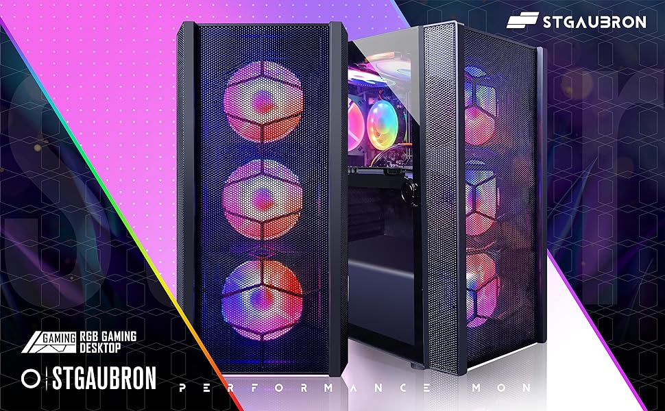 STGAubron Gaming Desktop PC, Intel Core i7 3.4G up to 3.9G, 16G RAM, 512G SSD, GeForce GTX 1660 Super 6G GDDR6, 600M WiFi, BT 5.0, RGB Fan x 6, RGB Keyboard&Mouse&Mouse Pad, RGB BT Sound Bar, W10H64 2 2
