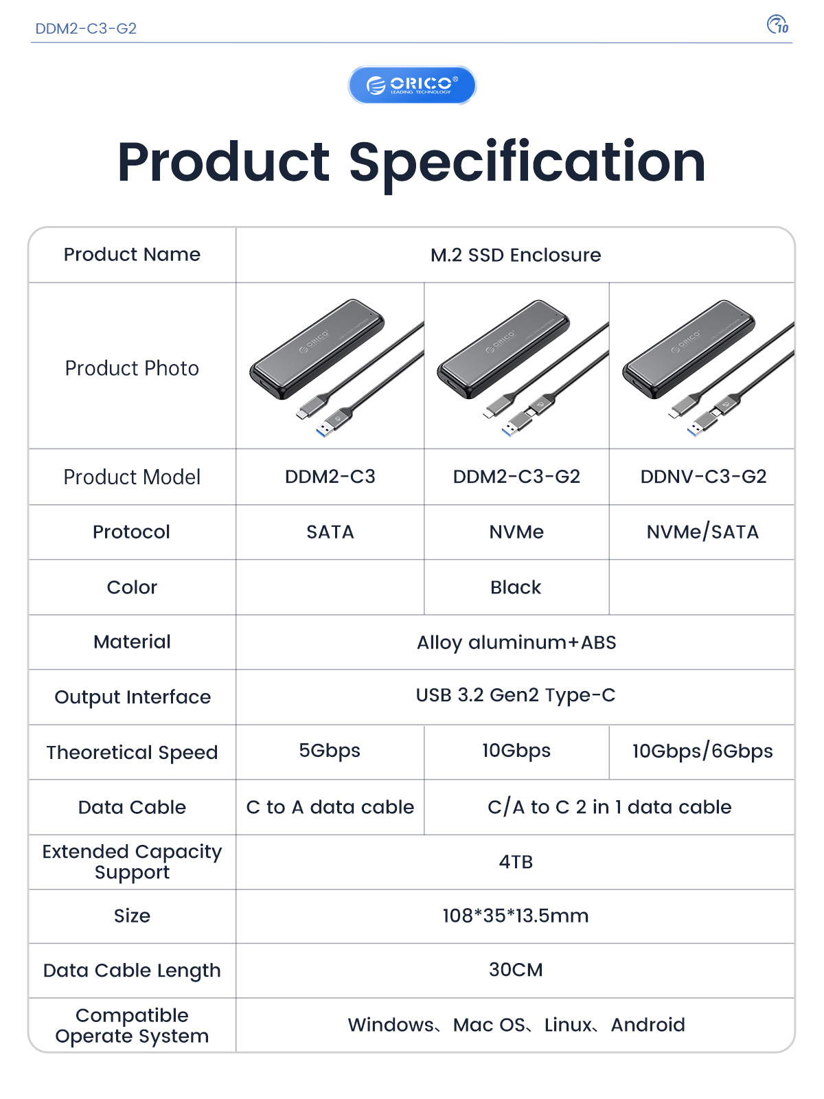 ORICO M.2 NVMe/SATA SSD Enclosure 10Gbps Tool Free M2 SSD Aluminum Enclosure Solid State Drive Case