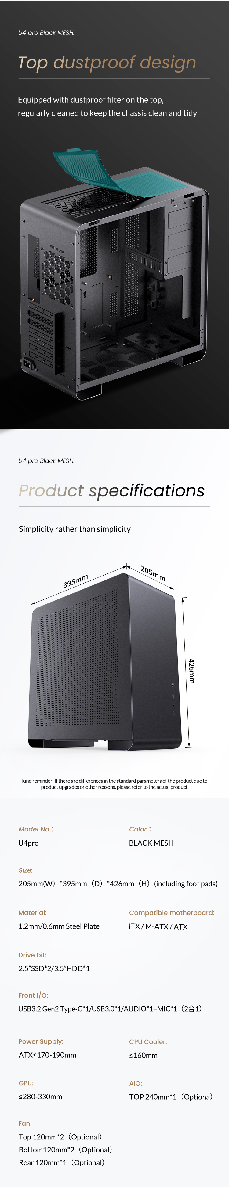 JONSBO U4 PRO MESH BLACK ATX Case,Integrated ATX/MATX/ITX PC case, Compact Desktop, Dual-MESH-Panels High Performance Heat Dissipation,High Compatibility,Support AIO240/GPU330,5-Position for 120mm Fan 6 GAMING CASE