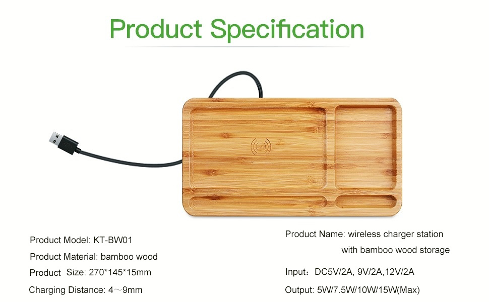 15W Wood Phone Wireless Charging Station with Desk Organizer Pad