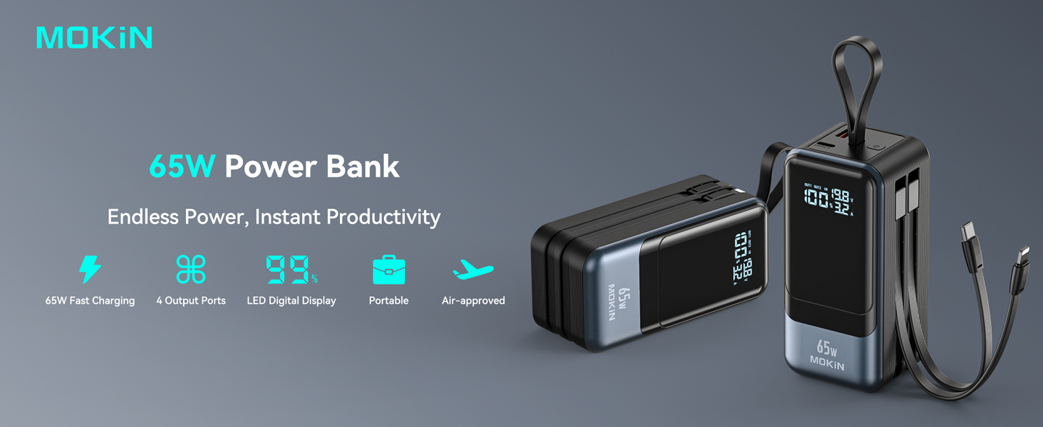 MOKiN 65W Power Bank Built-in USB C & iOS Cables, 4-Output PD3.0 Fast Charging Portable Battery Pack