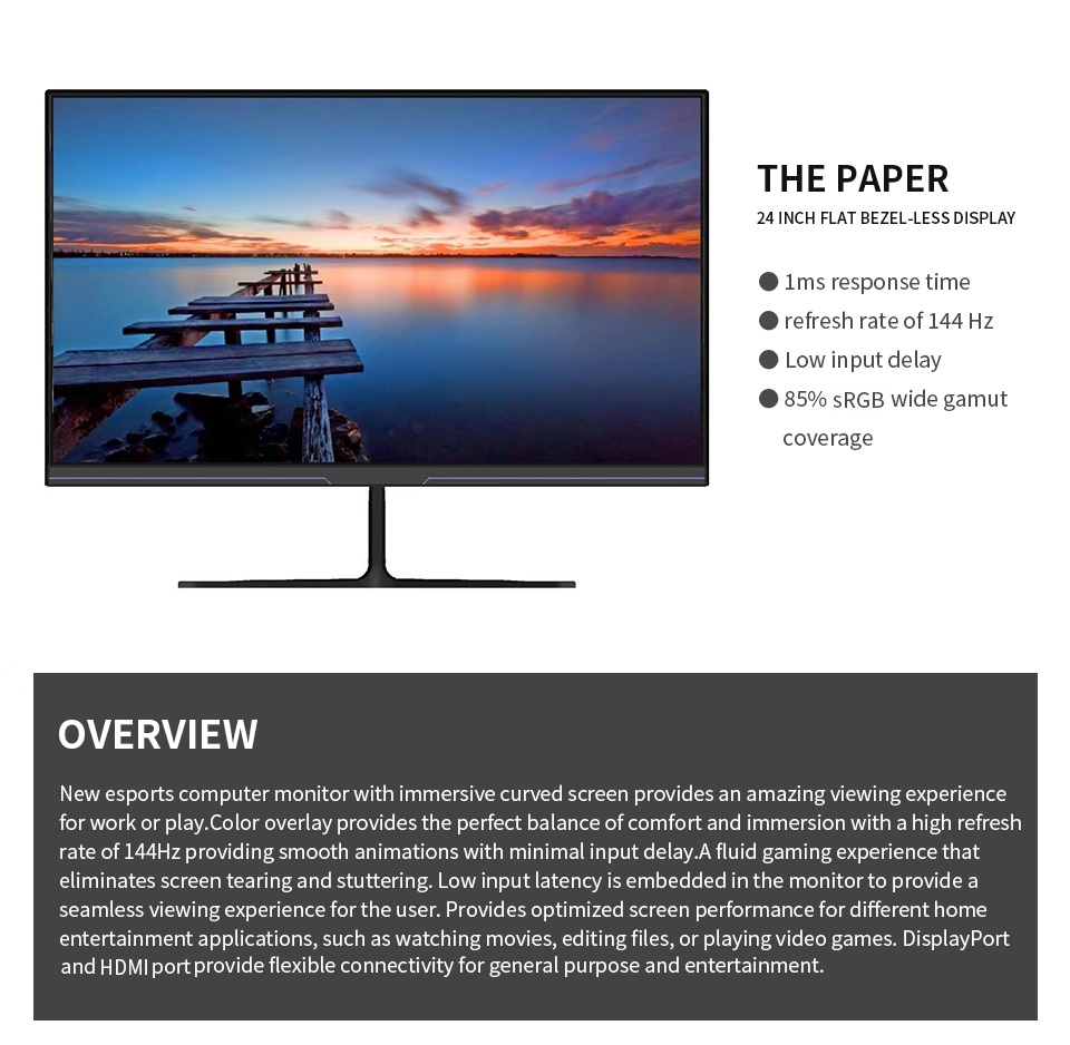 LGLO 24Inch Monitor 144hz 1920x1080 Built-in Speaker IPS Display Support VGA and HDMI VESA