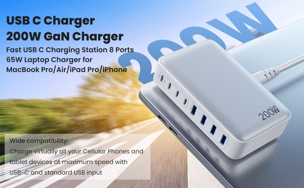 USB C Charger 200W USB C Charger Block, GaN III 8-Port Fast Charging Station Hub,PD 65W Laptop Charg