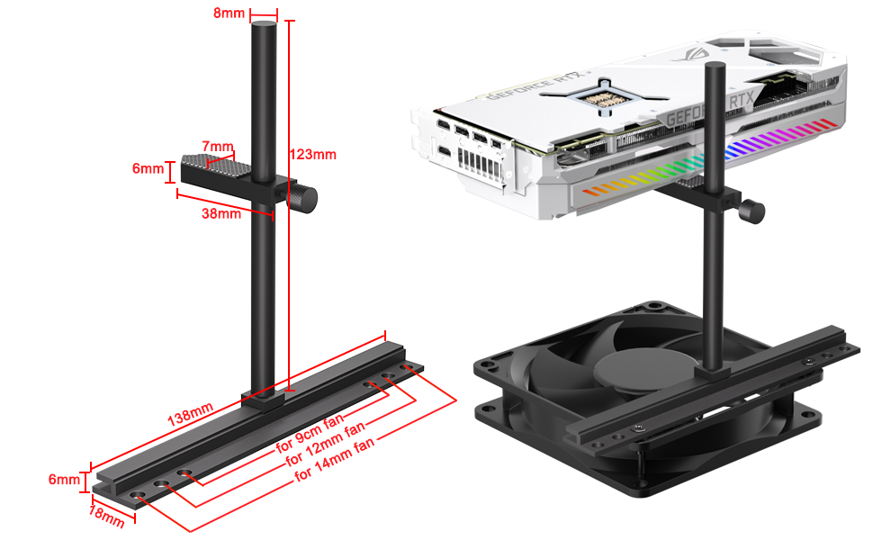 Aluminum Graphics Cards Support for Fan Mounting: The Graphics Card support bracket is installed on