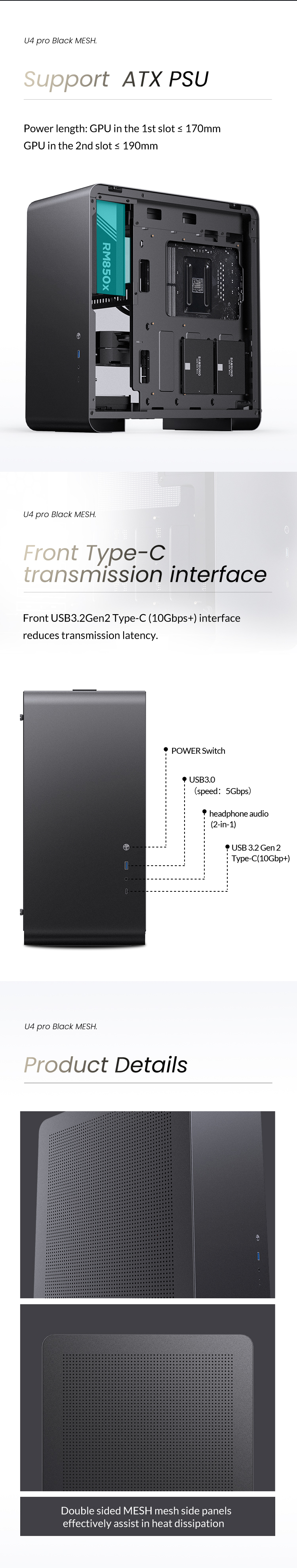 JONSBO U4 PRO MESH BLACK ATX Case,Integrated ATX/MATX/ITX PC case, Compact Desktop, Dual-MESH-Panels High Performance Heat Dissipation,High Compatibility,Support AIO240/GPU330,5-Position for 120mm Fan 5 MESH CASE
