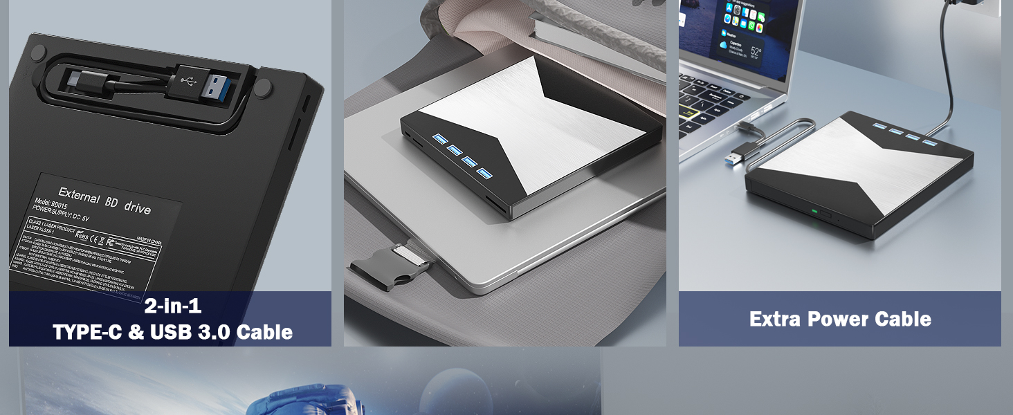 7 in 1 External Blu Ray Drives, Portable Blu Ray Burner USB 3.0 Type-C UHD BD Player with SD/TF Port