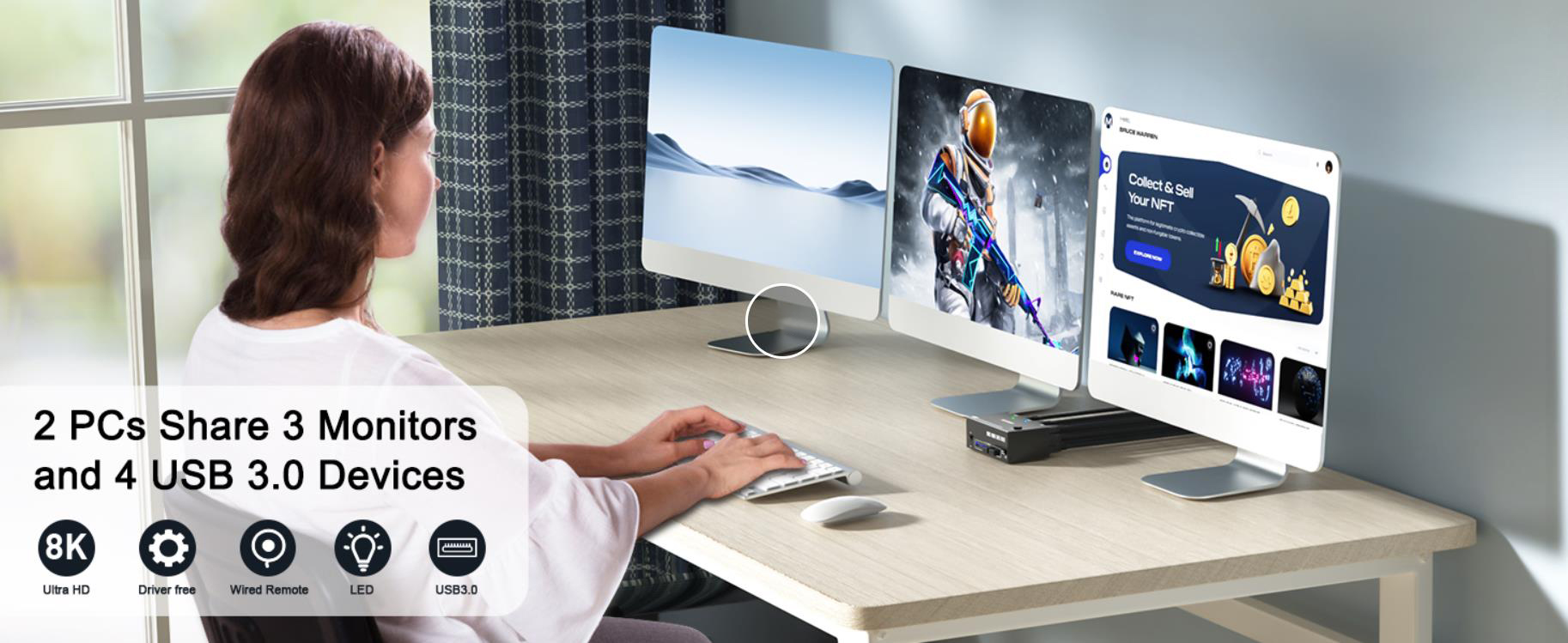 KVM Switch 3 Monitors 2 Computers 8K@60Hz 4K@144Hz, HDMI + 2 Displayport Triple Monitor KVM Switch T