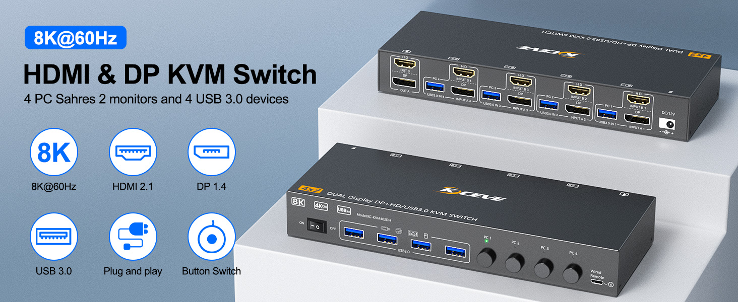 USB3.0 KVM Switch for 2 Monitor 4 PC
