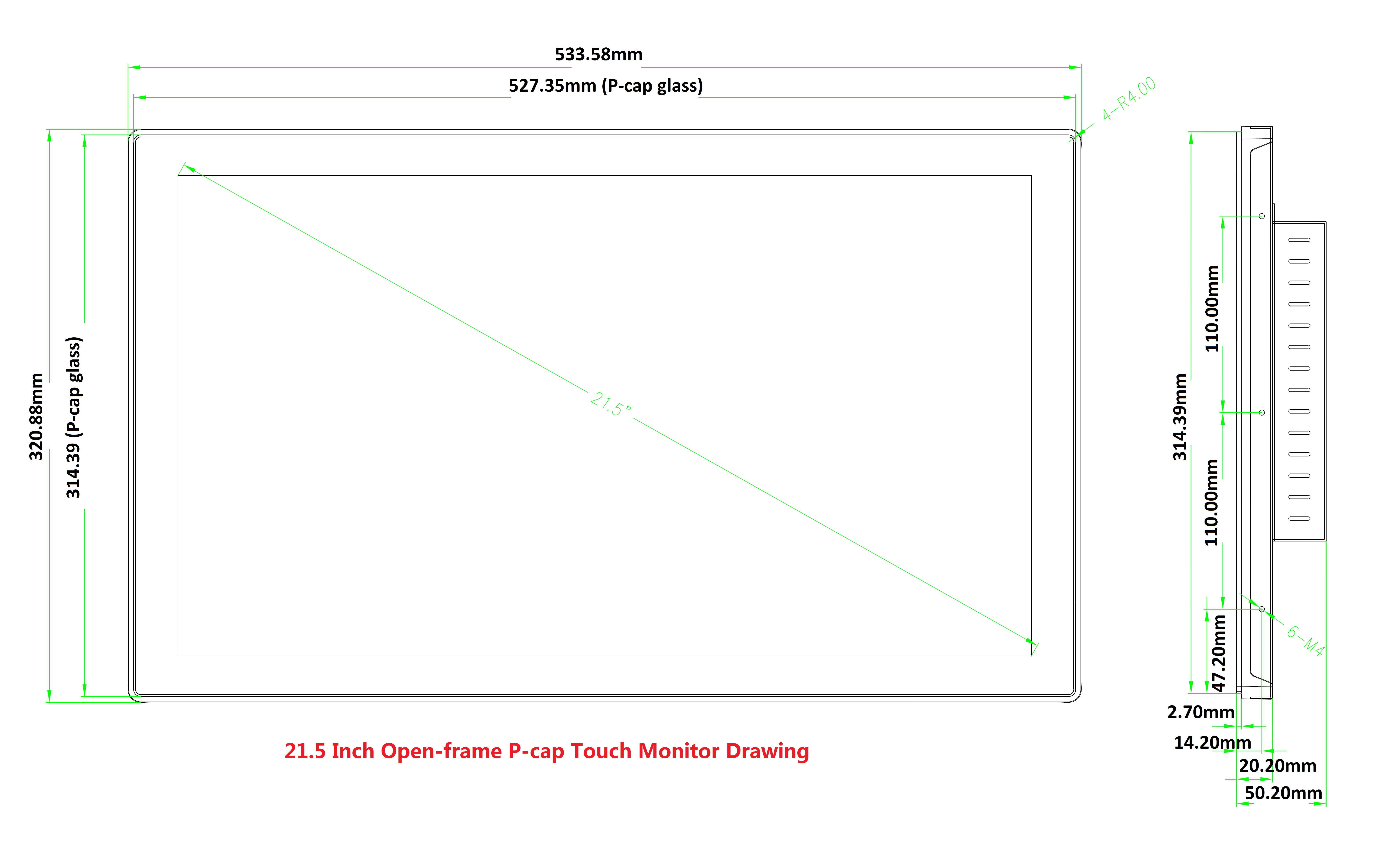 drawing for 21.5 inch open frame P-cap touch monitor