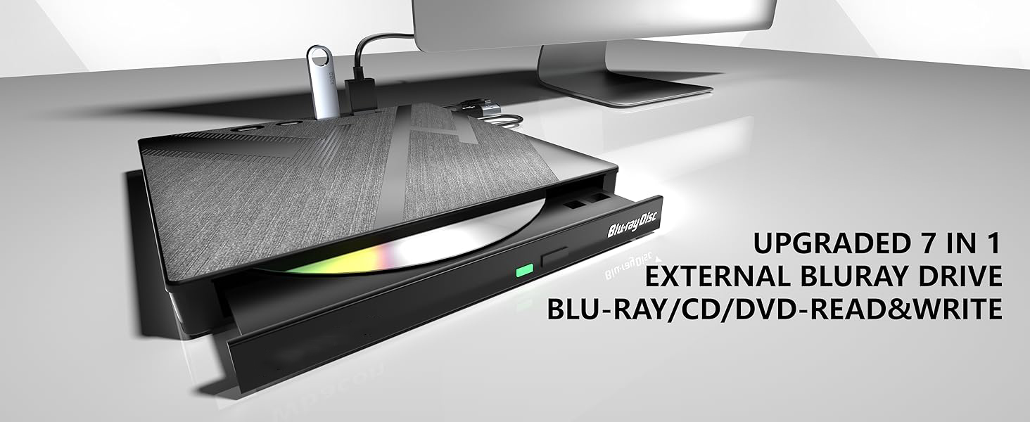 7 in 1 External Blu-ray Drive, USB 3.0 Type-C Optical External Blueray/DVD Drive Burner with SD/TF P