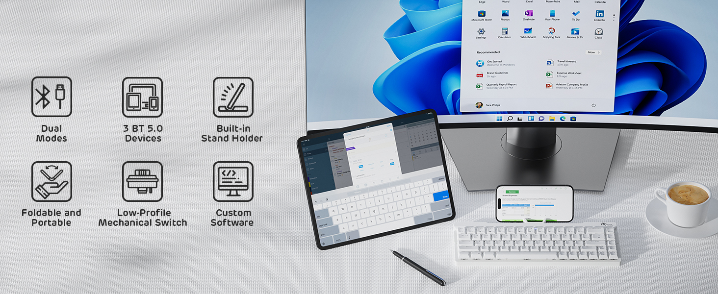 RK ROYAL KLUDGE F68 60% Foldable Low Profile Mechanical Keyboard Wireless Mechanical Keyboard with Aluminum Body Built-in Stand Holder White Backlit 68 Keys Tactile Red Switch 1 11