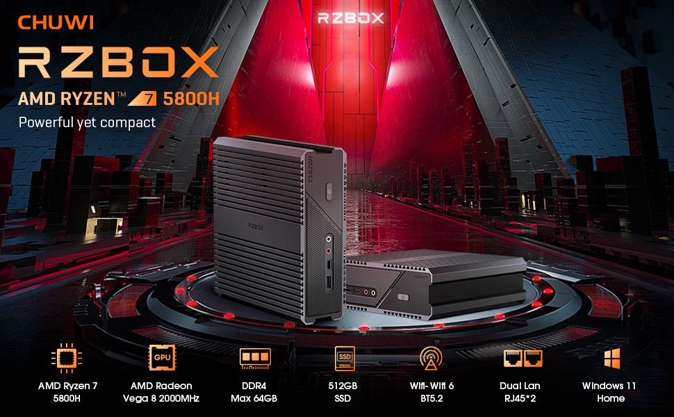 CHUWI RzBox Mini Pc,Windows 11 Mini Computer,16GB RAM 512GB SSD,AMD Ryzen 7 5800H Processor, Vega 8 Graphics, Dual Gigabit RJ45 LAN, WiFi 6, BT5.2, 4K@60Hz Output,USB-C,Support Triple Screen Display 1 image for this item