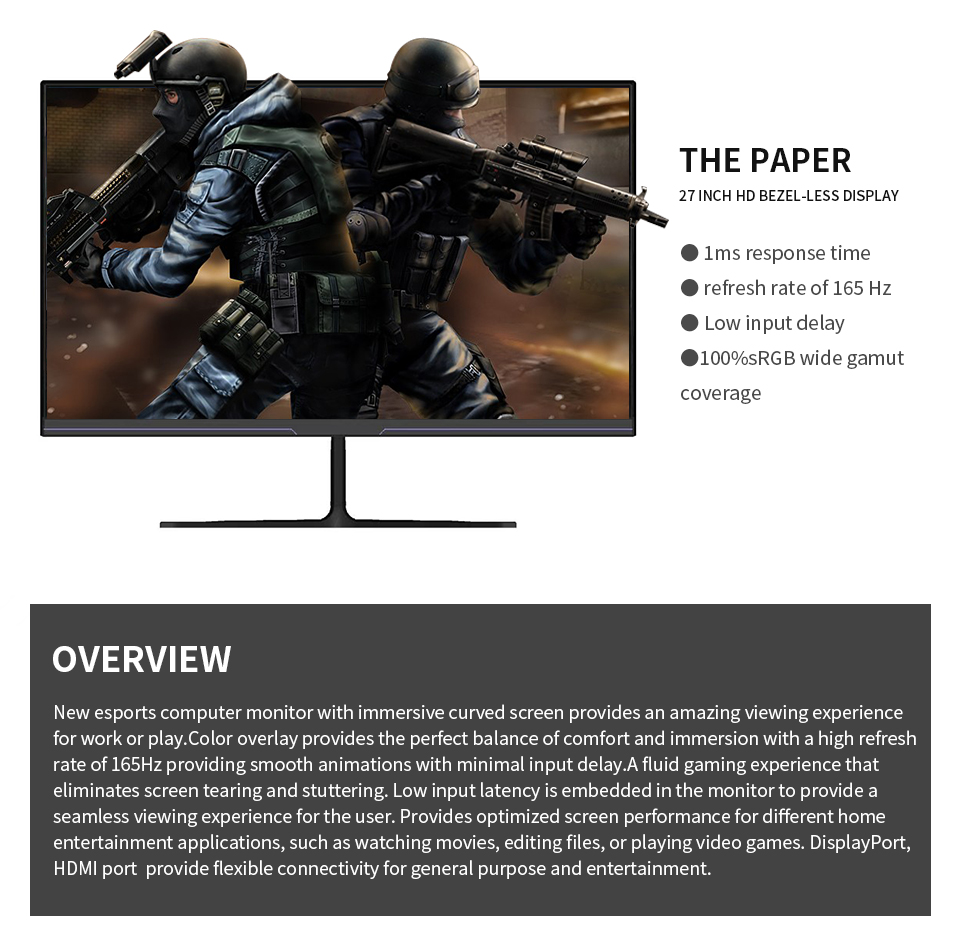 27 inch 2K HDR 2560x1440P 165Hz 100%sRGB monitor 1ms