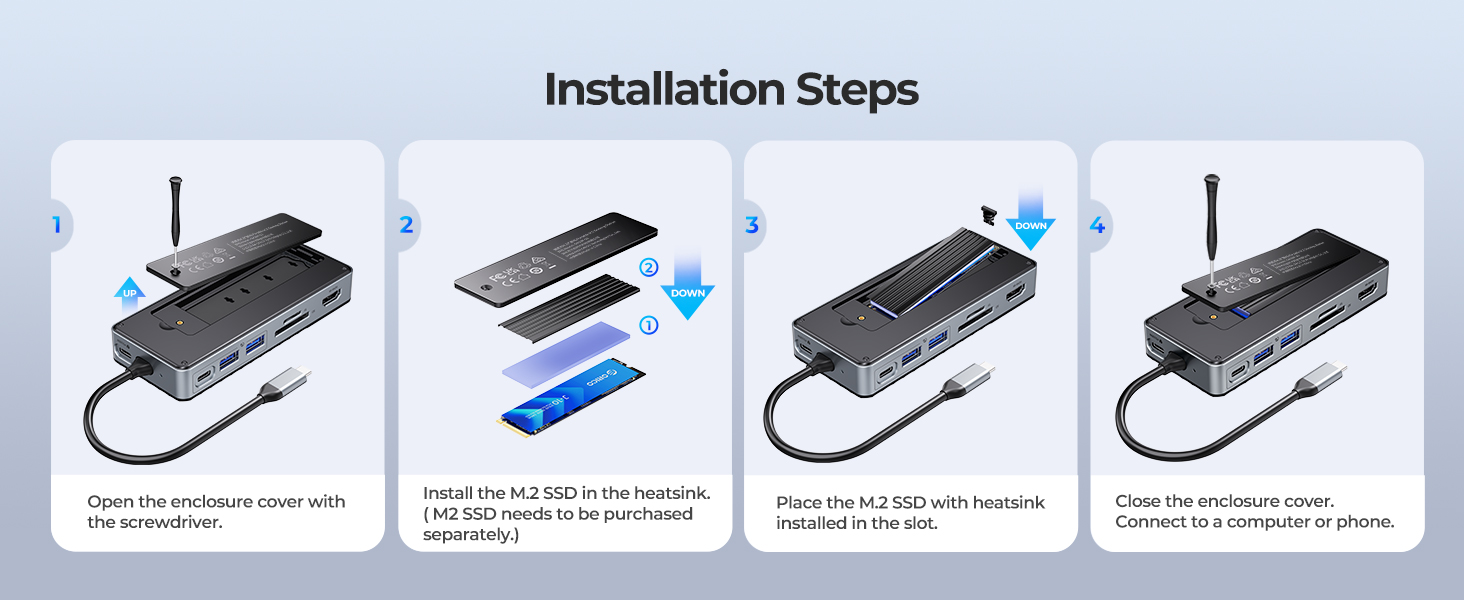 ORICO USB-C Hub with M.2 SSD Enclosure, 8-in-1 USB C Docking Station Fits M.2 NVMe/SATA SSD, 10Gbps,
