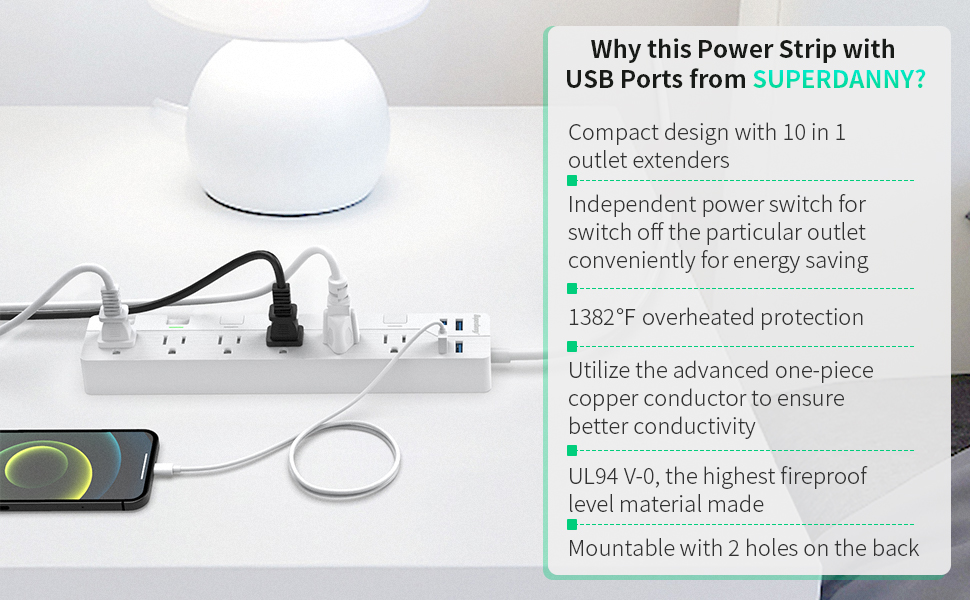 SUPERDANNY USB Surge Protector Power Strip with Individual Switches, Mountable 6.5ft Extension Cord Multiple Protection 6 Outlet 4 USB Port for iPhone iPad PC Home Office Travel Light White 1 1