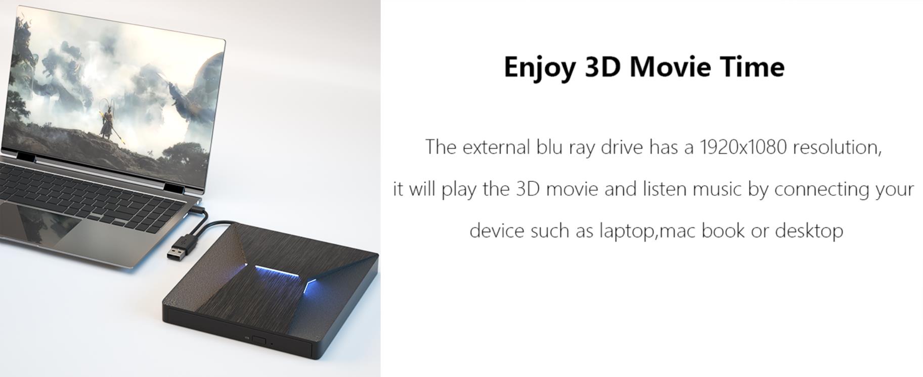 External Blu Ray Drive, USB 3.0 and Type-C External Blu-Ray CD DVD Drive, Blu-ray Reader 3D