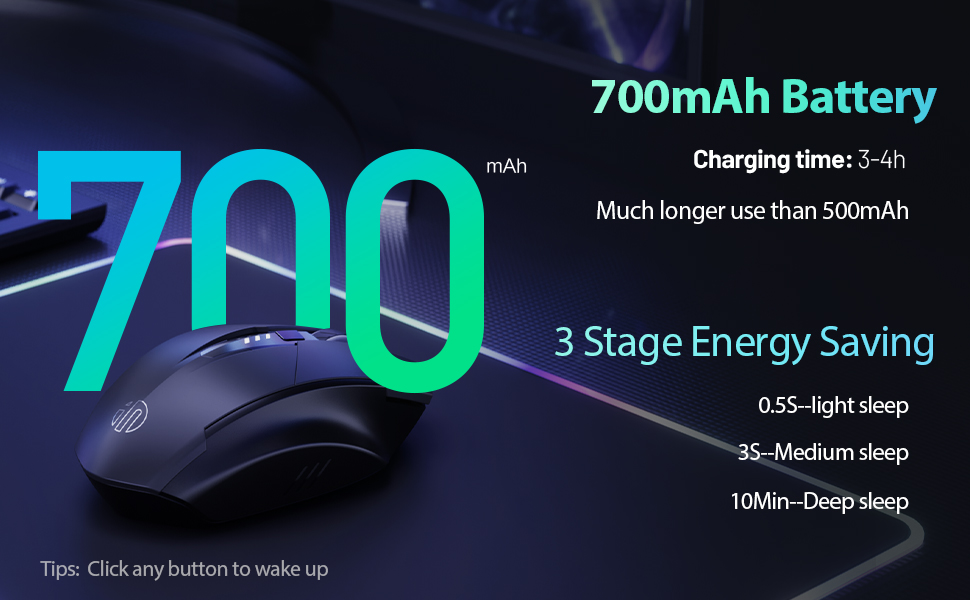 2.4G RF Wireless Mouse, Rechargeable Mouse, Battery Visible, 4 adjustable DPI (up to 2400 DPI), 6 Bu