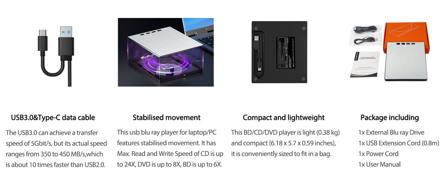External Blu ray Drive for Laptop, 7 in 1 External CD/DVD Drive Portable Blu Ray Burner USB 3.0 Type
