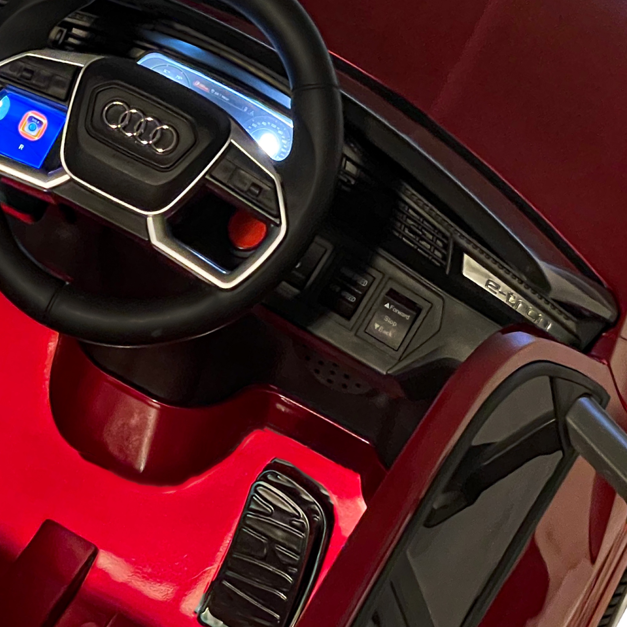 start button, forward and backward switch, light switch, audi kids car.