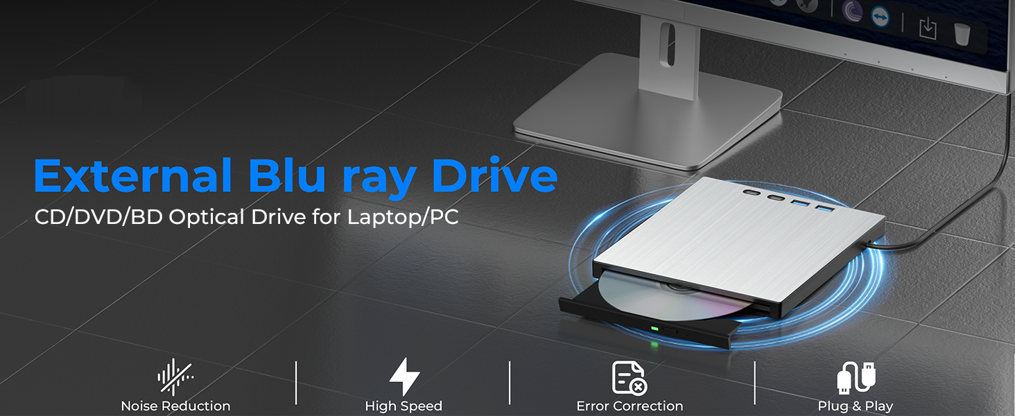 External Blu ray Drive for Laptop, 7 in 1 External CD/DVD Drive Portable Blu Ray Burner USB 3.0 Type