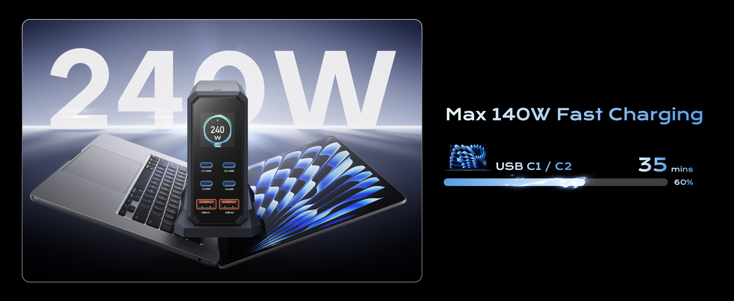 240W USB C Charger Block, 6 Ports USB Charging Station, GaN 140W PD 3.1 USB Charger