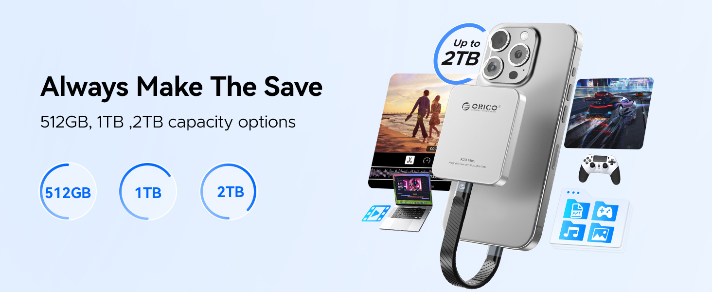 ORICO 2TB Magnetic External SSD, Aluminum Alloy, Up to 2000MB/s, 4K 120Hz ProRes HDR Record and Stor