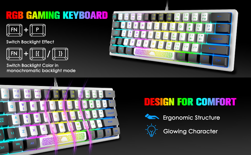 Zhhcyyds K61 60% Gaming Keyboard Mini Portable with Rainbow RGB Backlit Compact Ergonomic 62Key Layout Anti-ghosting Mechanical Waterproof Wired for PC Mac Windows Gamer Laptop Typists White / Black 3 image for this item