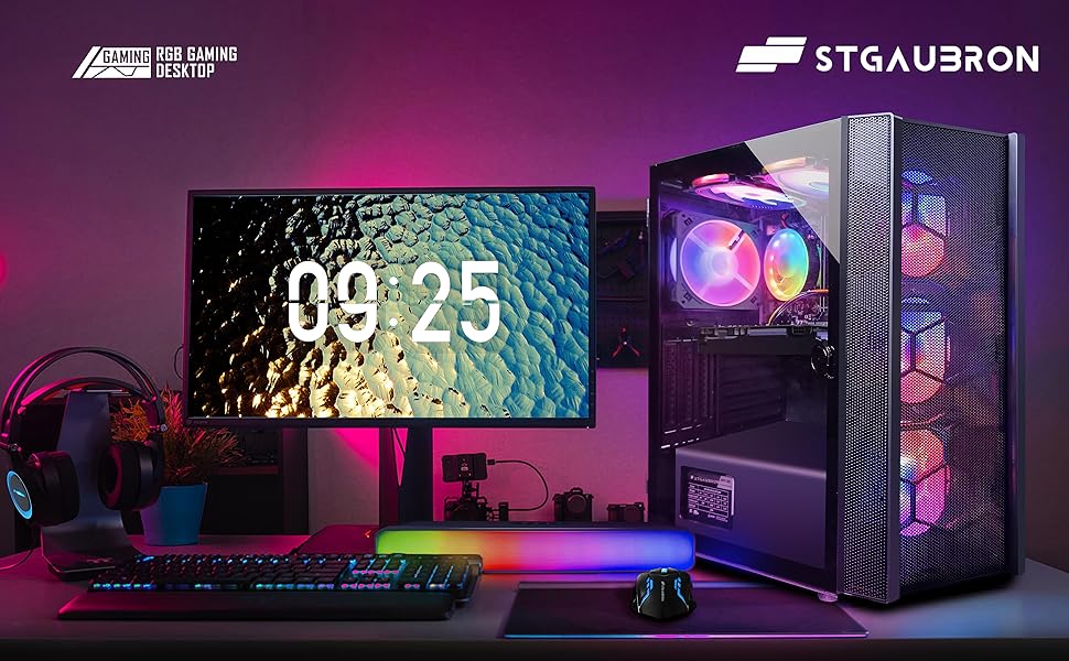 STGAubron Gaming Desktop PC, Intel Core i7 3.4G up to 3.9G, 16G RAM, 512G SSD, GeForce GTX 1660 Super 6G GDDR6, 600M WiFi, BT 5.0, RGB Fan x 6, RGB Keyboard&Mouse&Mouse Pad, RGB BT Sound Bar, W10H64 3 3