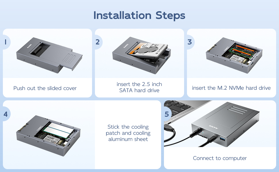 USB3.2 Gen2 Type-C Docking Station with 5 Hard Drive Enclosures for M.2 NVMe/M.2 SATA/mSATA/2.5 SATA