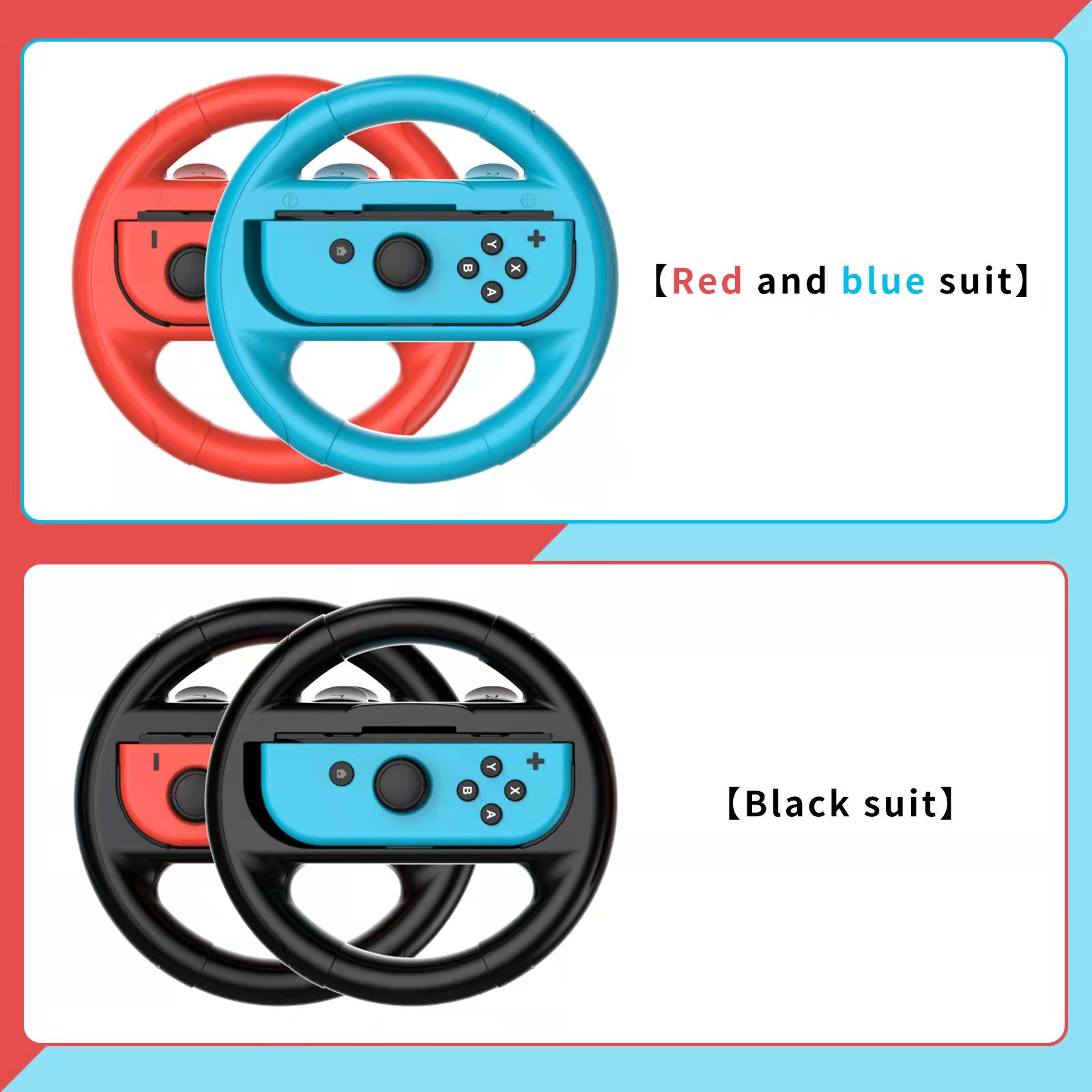 this steering wheel have red and blue suit and black suit