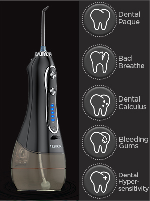 Water Flosser Cordless Professional, TEBIKIN 300ML Portable Dental Oral Irrigator with 5 Modes, IPX7