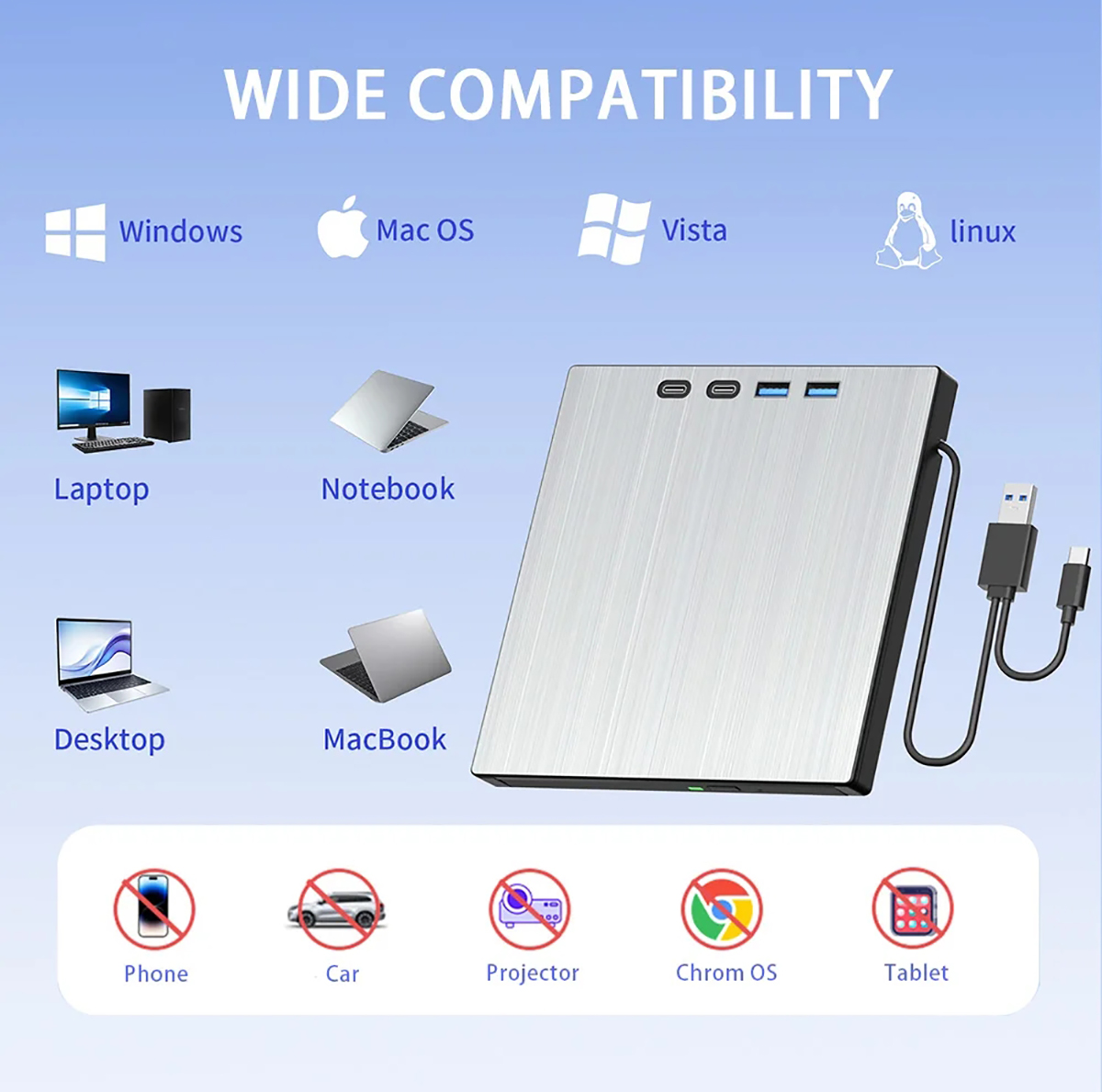 This CD/DVD burner uses USB 3.0 technology, which can transfer data at speeds of up to 5 Gigabits/S