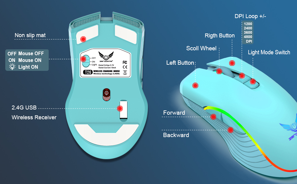Rechargeable Wireless Gaming Mouse, RGB LED Backlit Mouse with 4 Adjustable DPI, 7 Button, 2.4G USB