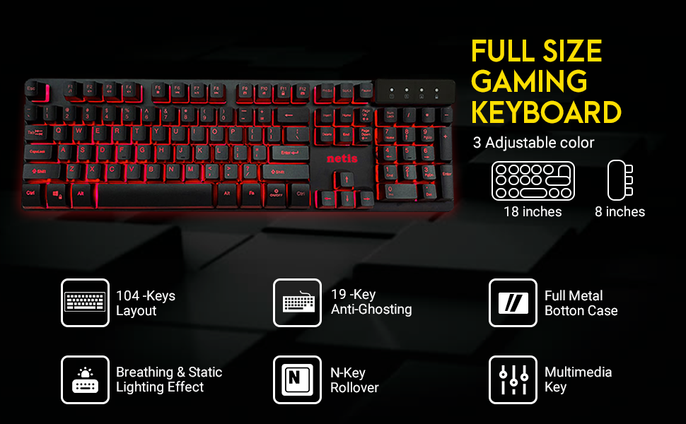 Netis KM7101 Tri-Color LED USB Wired Gaming Keyboard and 3200 DPI Gaming Mouse Combo